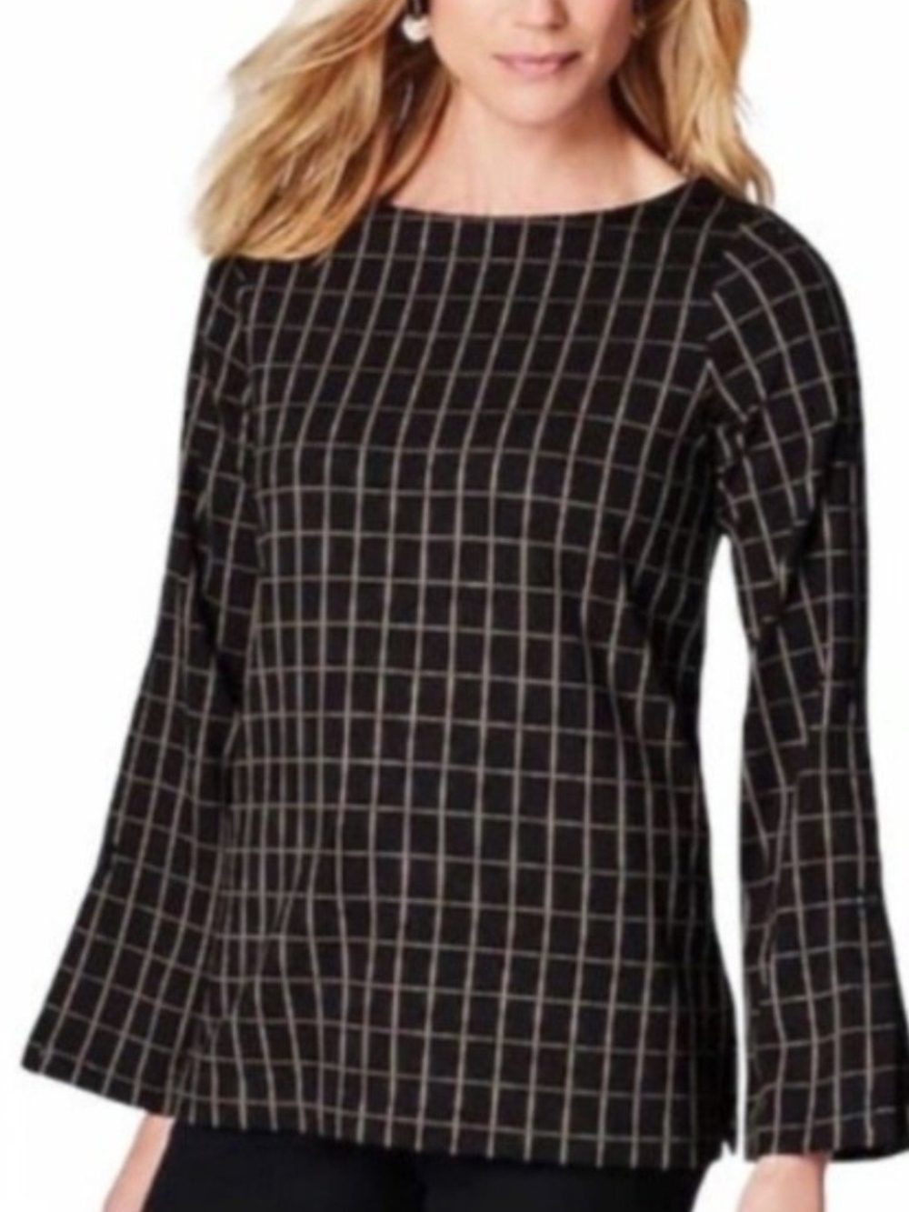 J. Jill Black/Camel Windowpane Check Long-Sleeve Top Womens Size Small Petite